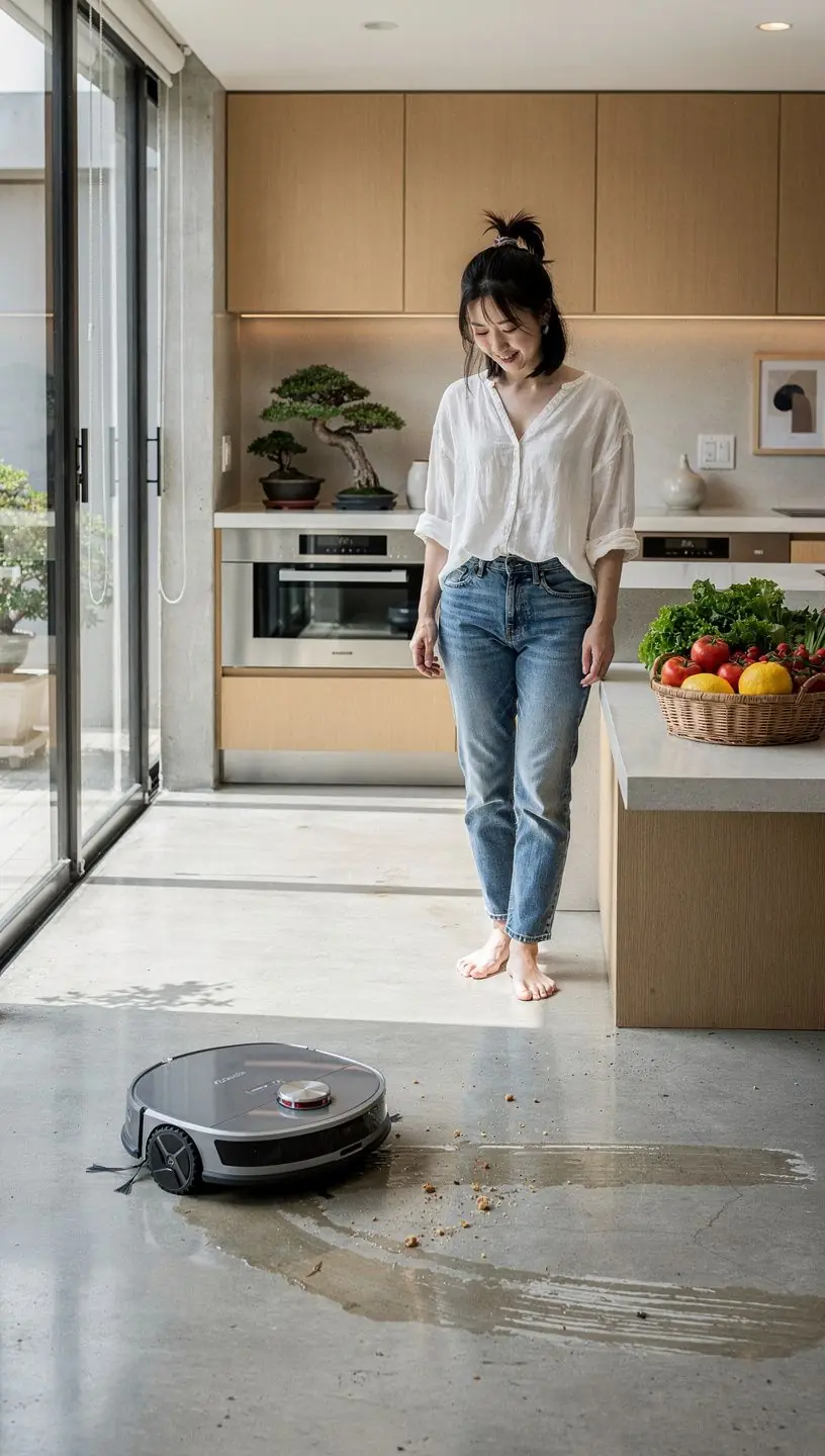 硬い床用ロボットクリーナーが家具の下を自動走行しているシーン